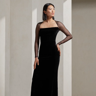 Ralph Lauren Hartwell Velvet Column Gown With Tulle Sleeves In Black