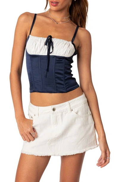 Edikted Arabelle Colorblock Lace-up Satin Corset Top In Navy
