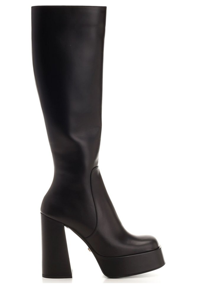 Versace Square Toe Block Heeled Boots In Black