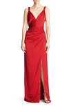 HALSTON YVETTE SIDE RUCHED SATIN GOWN
