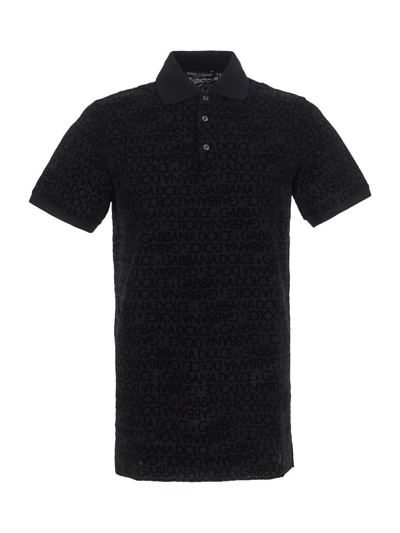 Dolce & Gabbana Flocked Logo Jacquard Polo Shirt In Black