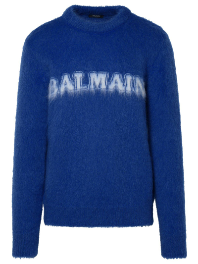 Balmain Electric Blue Wool Blend Sweater In Animal Print