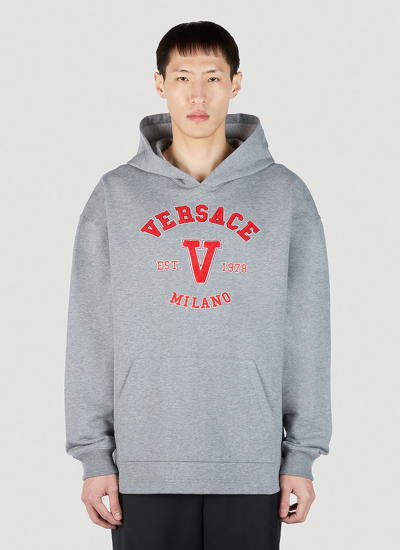 Versace Varsity Logo Patch Hooded Sweatshirt Male Grey In Gray