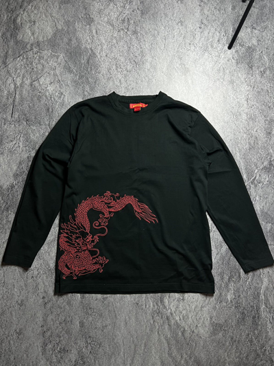 Pre-owned Vintage Y2k Embroidery Contrast Dragon Japanese Tee Shirt In Black