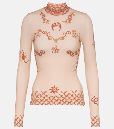 Marine Serre Henna Print Long Sleeved Second Skin Top In Neutrals