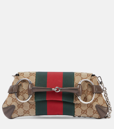 Gucci Horsebit Small Gg Canvas Shoulder Bag In B.eb/n.acero/vrv