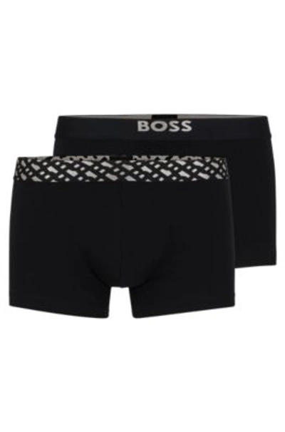 Hugo Boss Two-pack Of Stretch-cotton Trunks With Metallic Branding In Black