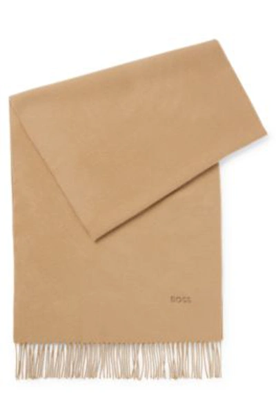 Hugo Boss Pure-wool Scarf With Embroidered Logo And Fringing In Camelhair
