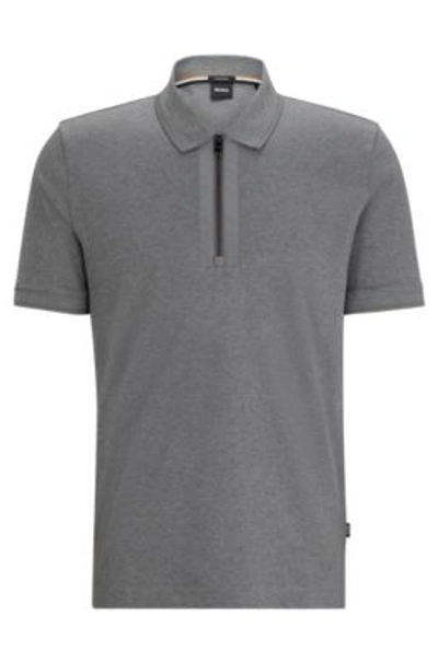 Hugo Boss Mercerized-cotton Polo Shirt With Zip Placket In Grey