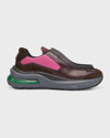 Prada Brushed Leather Sneakers With Bike Fabric And Suede Elements In Granatope