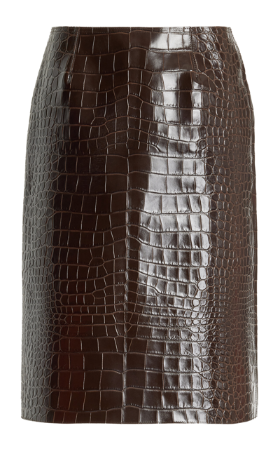 16arlington Wile Glossed Croc-effect Leather Midi Skirt In Brown