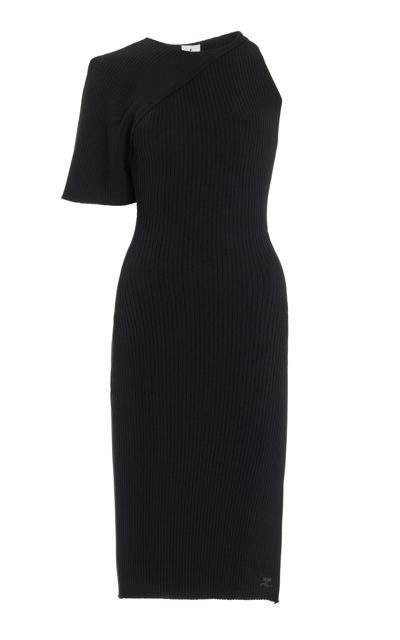 Courrèges Ribbed Knit Asymmetric Midi Dress In Black