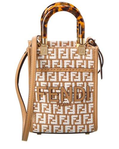 Fendi Sunshine Mini Raffia & Leather Tote In Beige