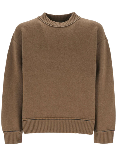 Sacai Long Sleeved Crewneck Knitted Jumper In Beige