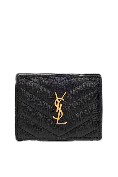 Saint Laurent Logo Plaque Quilted Wallet In Black
