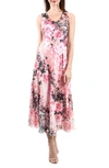 Komarov Lace-up Charmeuse & Lace Maxi Dress In Coral Sunrise