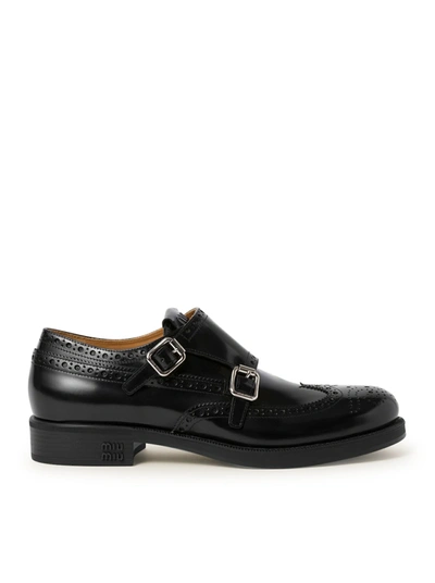 Miu Miu Brushed Leather Monk Brogue Shoes In Black