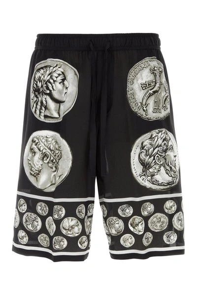 Dolce & Gabbana Bermuda Jogging Pants In Crepe De Chine With Coin Print In Black