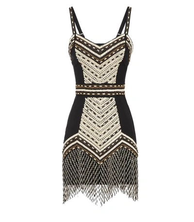 Elisabetta Franchi Minidress With Ethnic Embroidery And Two-tone Fringe In Black