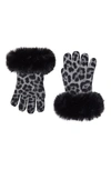 SOFIA CASHMERE LEOPARD PRINT CASHMERE KNIT GLOVES WITH FAUX FUR CUFFS