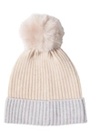 SOFIA CASHMERE RIBBED CASHMERE KNIT BEANIE WITH FAUX FUR POMPOM