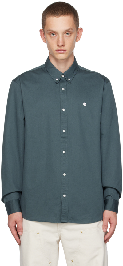 Carhartt Madison Button-down Collar Logo-embroidered Cotton-twill Shirt In Blue