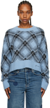 Ganni Long Sleeve Blue Checkered Oversized Wool Pullover In 695 Silver Lake Blue