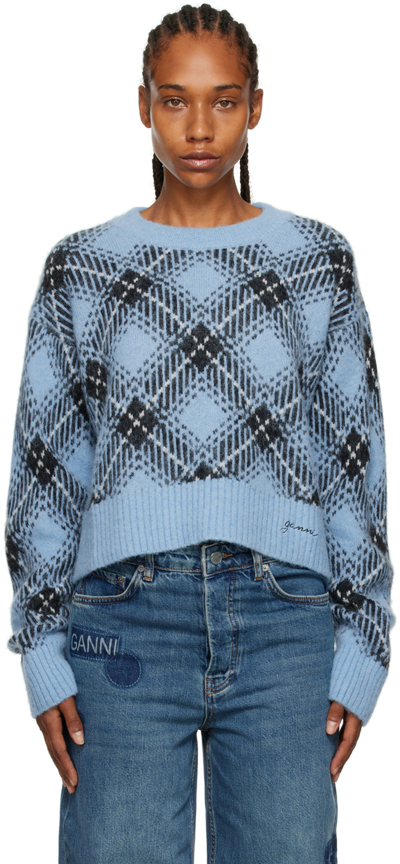Ganni Long Sleeve Blue Checkered Oversized Wool Pullover In Silver Lake Blue