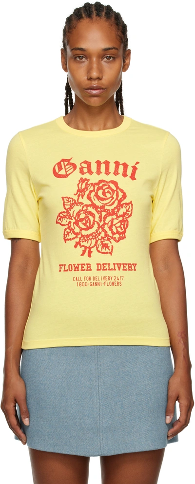 Ganni Graphic-print Organic Cotton T-shirt In Yellow
