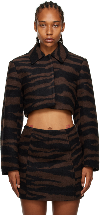 Ganni Brown Tiger Pattern Cropped Jacket In Black