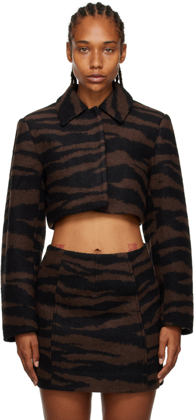 Ganni Brown Cropped Jacket With Zebra Motif In Wool Woman In Multi