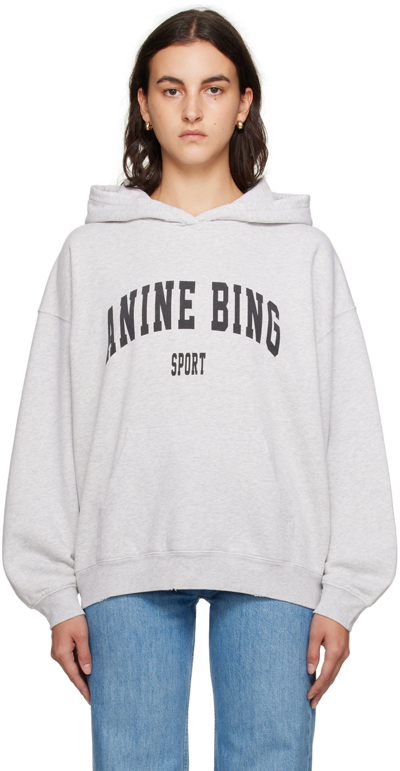 Anine Bing Womens Harvey Logo-print Cotton-jersey Hoody Grey Melange