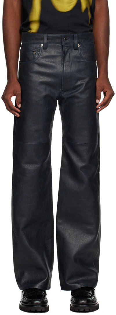 Wood Wood Navy Henry Leather Pants In 7000 Navy
