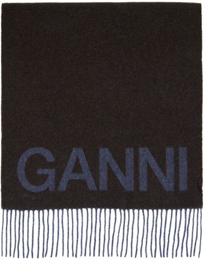 Ganni Logo Intarsia-knit Fringe-detailing Scarf In Brown