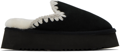 Mou Ssense Exclusive Black Slippers In Bkwhi Black Suede