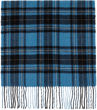 Ganni Logo-patch Check-pattern Scarf In Blue