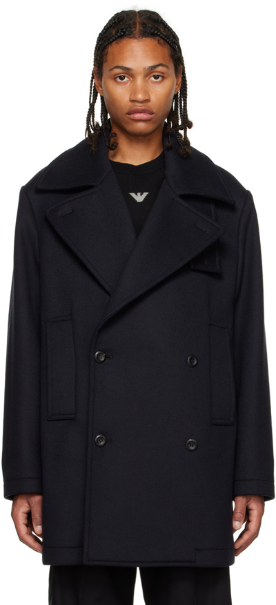 Emporio Armani Navy Double-breasted Peacoat In Blu Navy