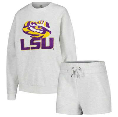 Gameday Couture Women's  Ash Lsu Tigers Team Effort Pullover Sweatshirt And Shorts Sleep Set