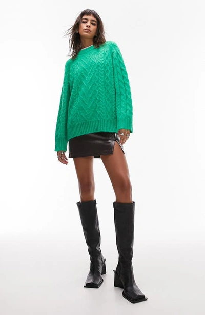 Topshop Cable Knit Crewneck Sweater In Medium Green
