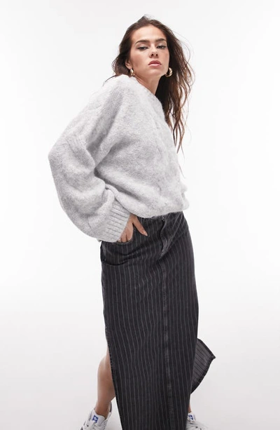 Topshop Knit Fluffy Cable Front Two Tone Sweater In Gray-white