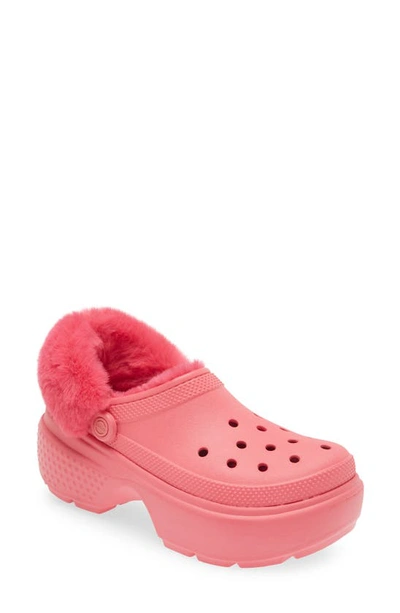 Crocs Stomp Faux Fur Platform Clog In Hyper Pink