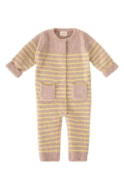 7 A.m. Enfant Babies' Stripe Teddy Romper In Pecan Chartreuse