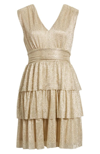Lilly Pulitzer Faye V-neck Ruffle Dress In Gold Metallic Knit Crinkle