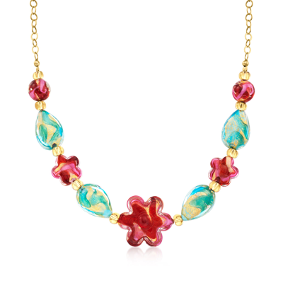 Ross-simons Italian Floral Multicolored Murano Glass Bead Necklace In 18kt Gold Over Sterling In Pink