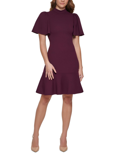 Calvin Klein Womens Mock-neck Knee Fit & Flare Dress In Purple