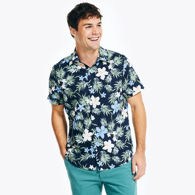 Nautica Mens Sustainably Crafted Printed Linen Short-sleeve Shirt In Blue