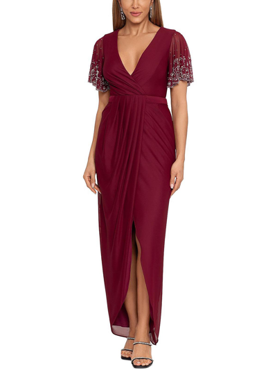 B & A By Betsy And Adam Womens Mesh Embellished Evening Dress In Red