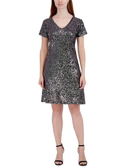 Signature By Robbie Bee Petites Womens Sequined Knee Cocktail And Party Dress In Grey
