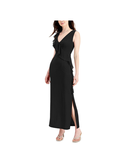 Connected Apparel Womens Cascade Ruffle V Neck Evening Dress In Black