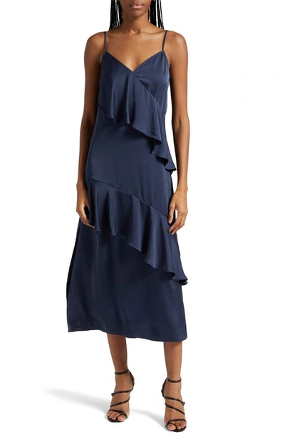 Ramy Brook Elsie Ruffle Satin Slipdress In Navy